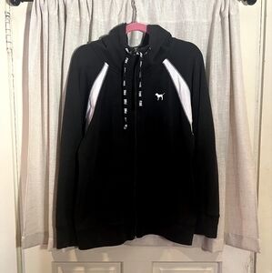 LG. PINK VICTORIA'S SECRET FULL BLACK & WHITE ZIP UP HOODIE W PINK'S DOG LOGO